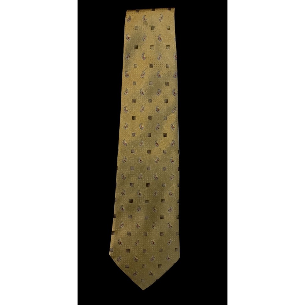 Tommy Hilfiger 100% Imported Silk Tie Gold & Blue W/tiny Paisley & Cube Print